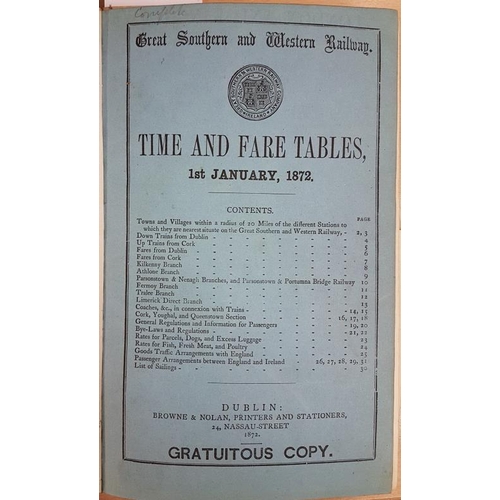 86 - Great Southern and Western Railway - Time and Fare Tables, 1st January 1872, with maps, leather boun... 