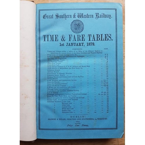 90 - Great Southern and Western Railway - Time and Fare Tables, 1st January 1879, with maps, leather boun... 