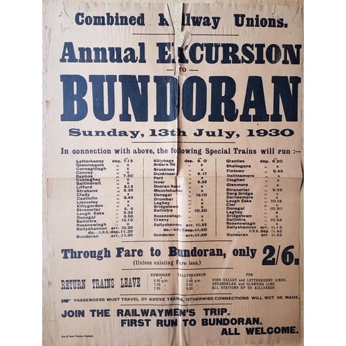 143 - Combined Railway Unions Annual Excursion To Bundoran Sunday, 13th July, 1930 Poster, c.17 x 22.5in