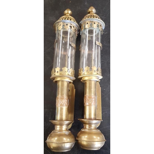 17 - Pair of Great Western Railway Brass and Glass Carriage Lamps - c. 14ins tall