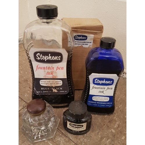 68 - Three Bottles of Stephen's Fountain Pen Ink and a Glass Inkwell