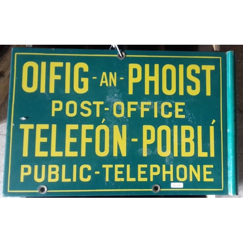 142 - 'Oifig an Phoist Public Telephone' Double Sided Enamel Advertising Sign - 19 x 12ins