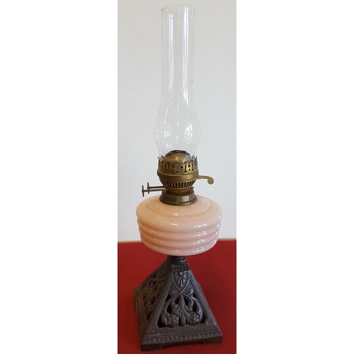 371 - Victorian Pink Bowl Oil Lamp on a Decorative Cast Iron Base