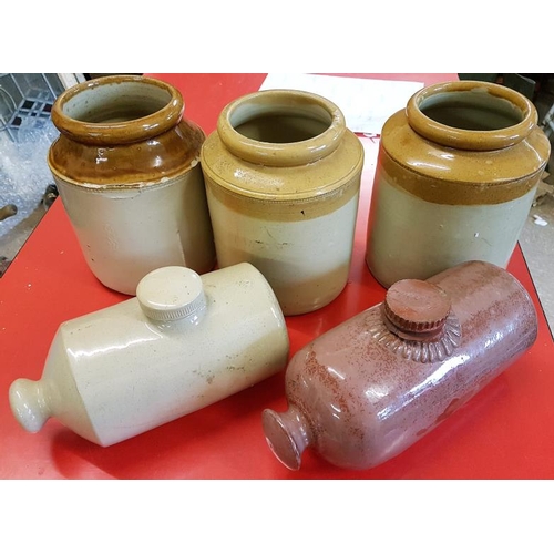 447 - Three Stoneware Storage Jars and Two Stoneware Hot Water Bottles