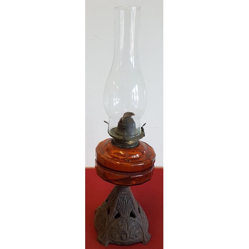 462 - Victorian Amber Bowl Oil Lamp on a Decorative Cast Iron Base