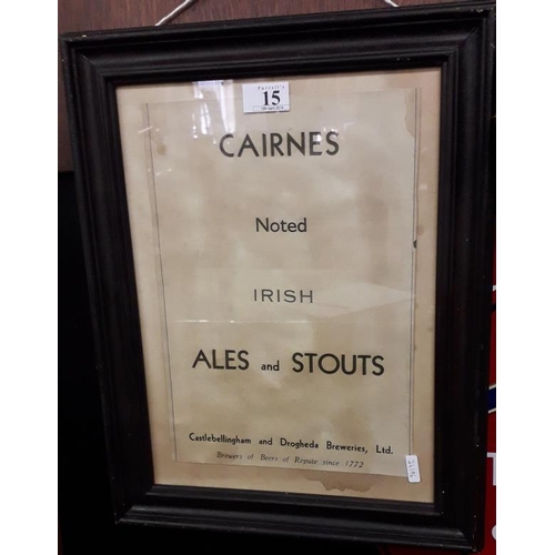 15 - 'Cairnes Noted Irish Ales and Stouts' Framed Advertising Sign - 14 x 17.5ins