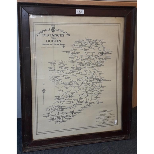 432 - Framed Automobile Association Map of Ireland with Distances from Dublin - 23 x 28ins