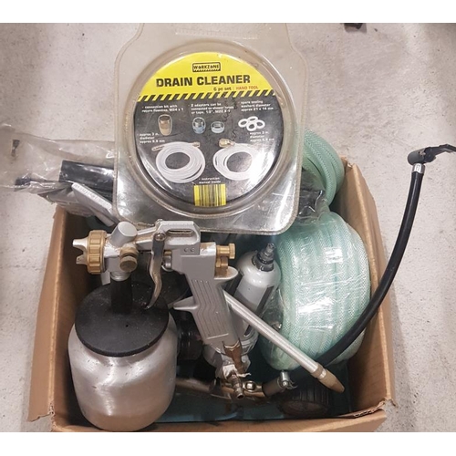 164 - Draper 25 Litre Oil Free Compressor with Air Hose on a Wall Mounted Reel and a Box of Compressor Att... 