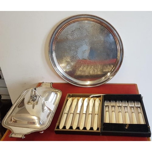 330 - Quality Three Part Silver Plate Breakfast Dish and an Engraved Barker Ellis Sheffield Circular Tray ... 