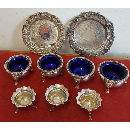 334 - Good Set of Four Gadroon Edged Salts + Two Wafer Trays