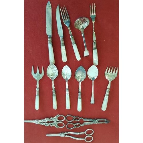 337 - Georgian Sugar Nips, Two Pairs of Grape Scissors and a Collection of Mother of Pearl Victorian Servi... 