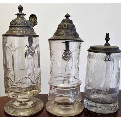 403 - Three Etched Glass and Pewter Steins