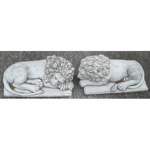 460 - Pair of Composite Stone Lions - 17 x 8.5ins