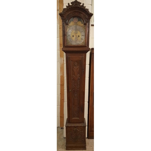 462 - Georgian Carved Oak Case Grandfather Clock with Brass Moon Phase Dial, signed Pierre DeWitte - c. 90... 