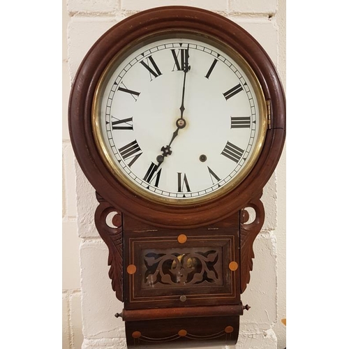 491 - Victorian American Inlaid Drop Dial Wall Clock with Pendulum and Key
