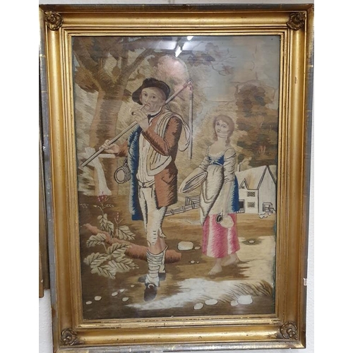 501 - Georgian Silk Embroidered Panel showing a landowner and his wife within a gilt frame, c.19 x 25.5in