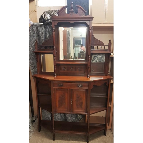 504 - Edwardian Carved Mahogany Display Cabinet, the top with broken arch pediment over three bevelled mir... 