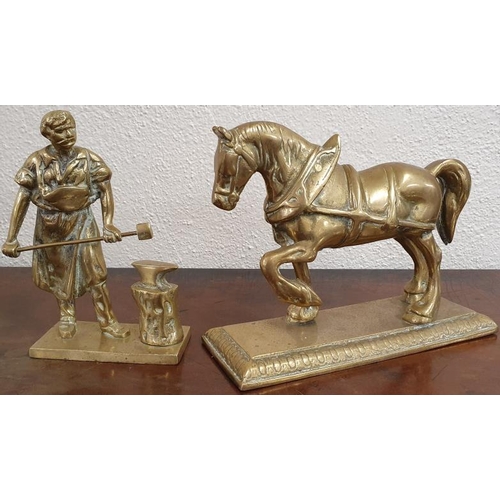 515 - Heavy Cast Brass Shire Horse and Blacksmith Figure (2)