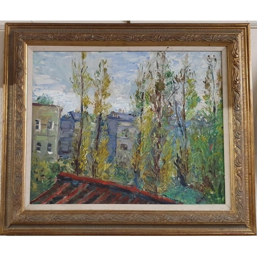 556 - Oil on Board Panel of a Rooftop Landscape within a gilt frame, 25 x 21in