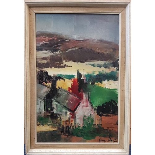 560 - Abstract Oil on Board Painting of Houses and Mountains, indistinctly signed 