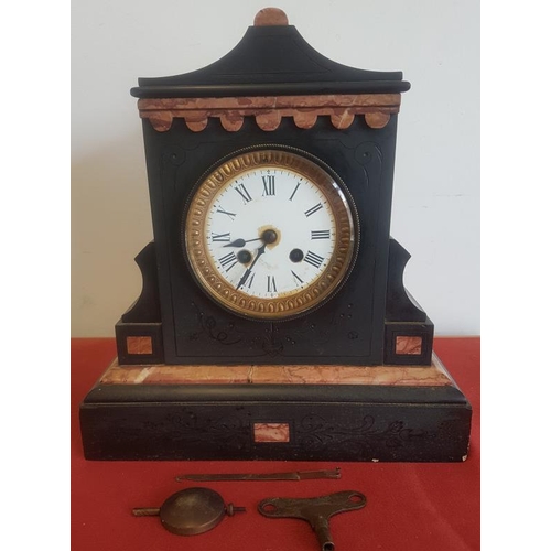 568 - Antique Slate Inlaid Mantle Clock c. 1850