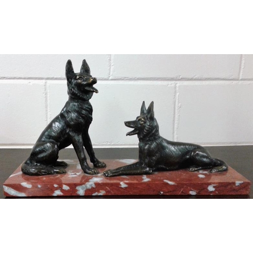 652 - Pair of Bronze Colour Dogs on Marble Base - c. 12ins tall