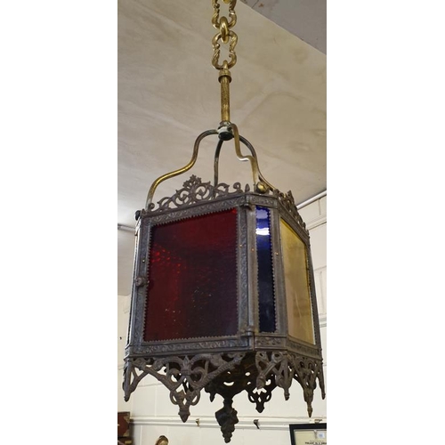 667 - Victorian Brass and Leaded Glass Panel Hall Lantern