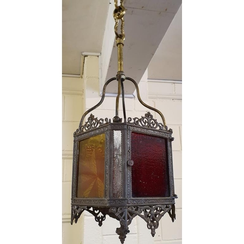 667 - Victorian Brass and Leaded Glass Panel Hall Lantern