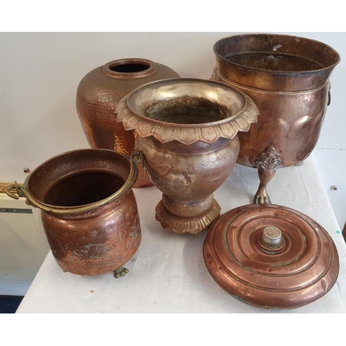 58 - Group of Four Copper/Bronze Planters and a copper hot water bottle