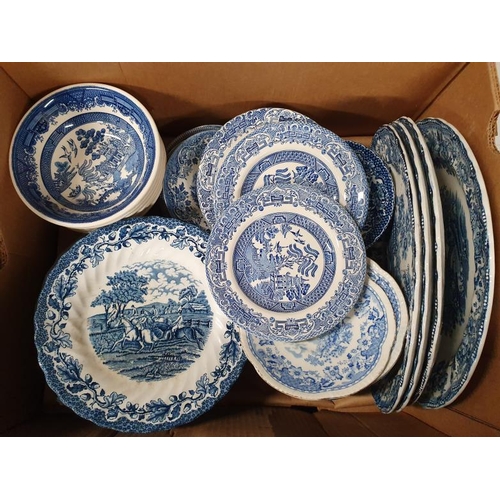 85 - Box of Willow Pattern and Other Blue and White Wares etc.