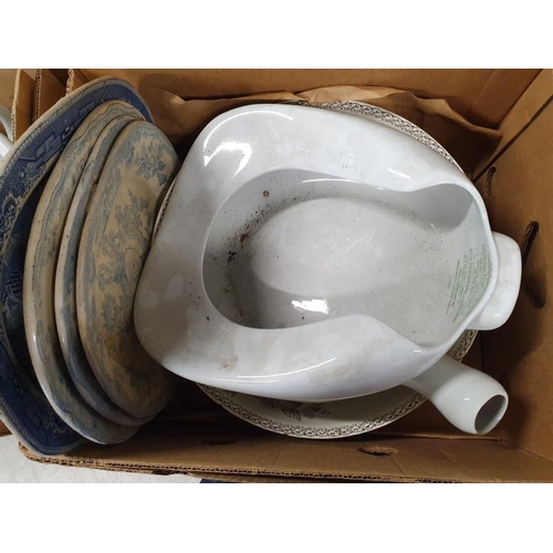 86 - Box of Blue and White Serving Dishes and Bed Pans