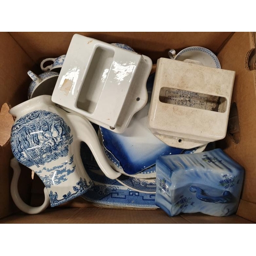 87 - Box of Blue and White Wares and Victorian Toilet Roll Holders