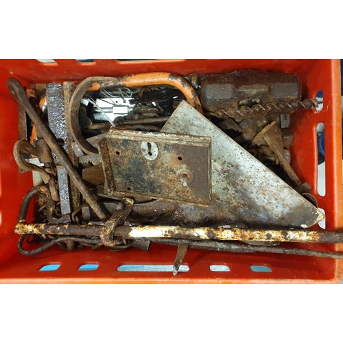 128 - Crate of Various Iron Implements etc.
