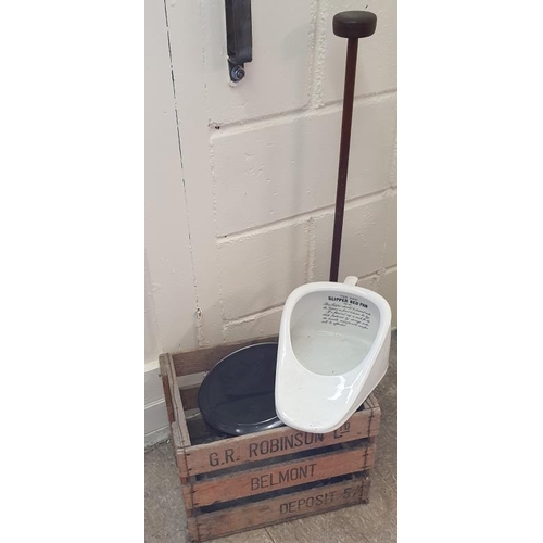 172 - G R Robinson Wooden Crate, a New Slipper Bed Pan and a Hat Stand