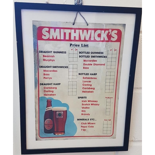 199 - Good Original Smithwicks Pub Price List Board, c.17.5 x 22.5in