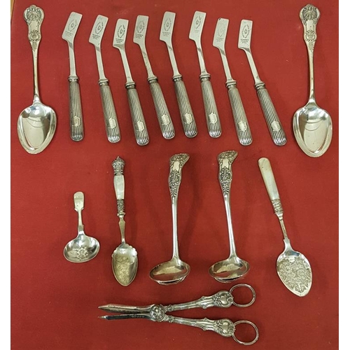 259 - Set of Cheese Knives, Queen's Pattern Serving Spoons and a Pair of Grape Scissors