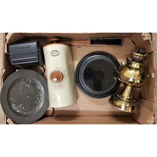 278 - Stone Hot Water Bottle, Pewter Plate, Camera, Lamp etc.