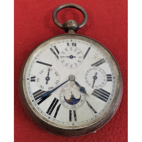 408 - Triple Dial and Moon Phase Silver Case Pocket Watch - case marked 0.935 and with three Swiss bears -... 