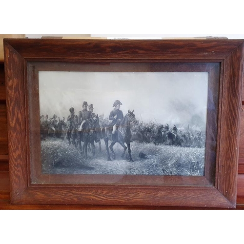 416 - Edwardian Print - Wellington at the Battle of Waterloo - within an Oak Frame - 29 x 21ins