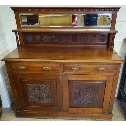 447 - Edwardian Mahogany Serving Cupboard with bevelled mirror panel above a pair of drawers and carved pa... 
