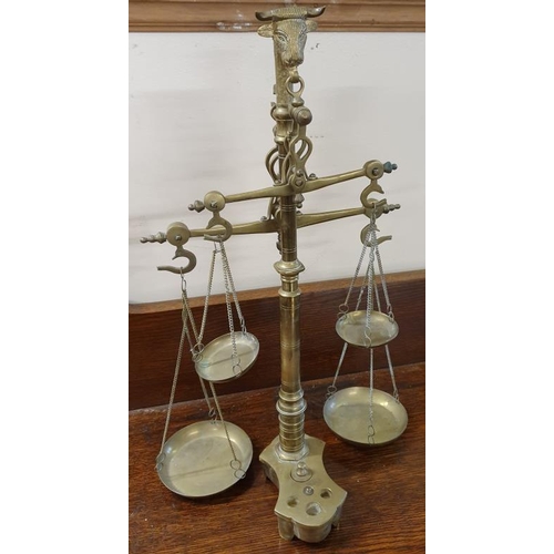 452 - Decorative Brass Double Weighing Scales with bull's head detail, c.18in tall