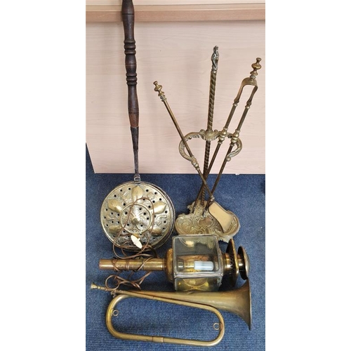454 - Brass Companion Set, Bed Warming Pan, Carriage Lamp and a Bugle