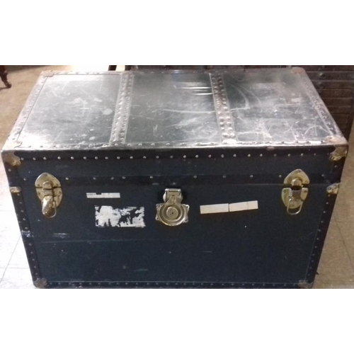 482 - Large Flat Top Canvas and Metal Bound Cabin Trunk with lift out shelf