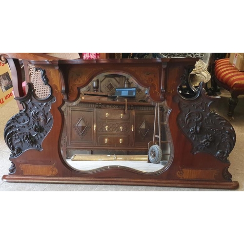 492 - Good Edwardian Inlaid and Bevelled Mirror Panel Overmantle with decorative carvings, c.60 x 29in