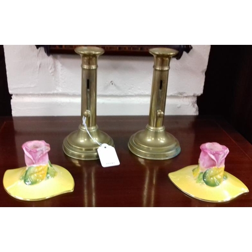 500 - Pair of 1930's Royal Winton Candle Holders and a Pair of Victorian Brass Candlesticks