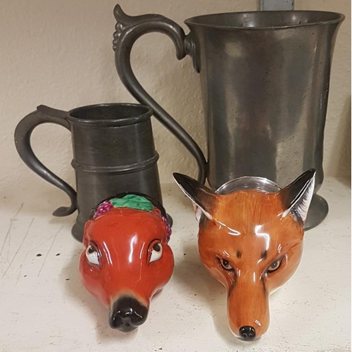 553 - Two Staffordshire Fox Figures and Two Pewter Tankards