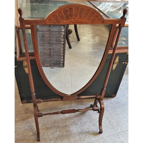 609 - Edwardian Inlaid Mahogany Shield Form Mirror Panel Fire Screen - 20 x 36ins