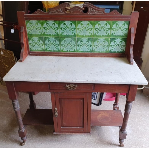 613 - Carved Edwardian Mahogany, Tile Back and Marble Shelf Washstand, c.45 x 50in