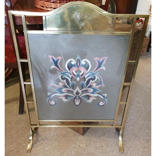 633 - Edwardian Brass Fire Screen with embroidered panel - 23ins wide