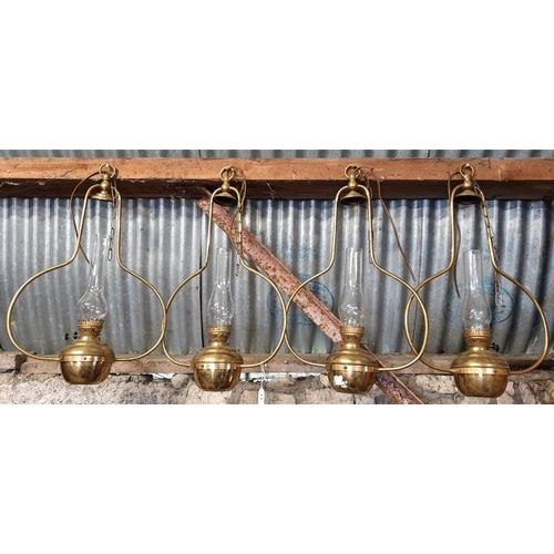 13 - Set of Four Matching Brass Hanging Oil Lamps with chimneys